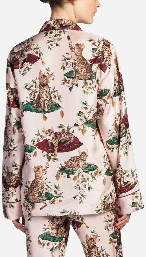 Floral & Cat-Print Pajama Shirt & Pant Set