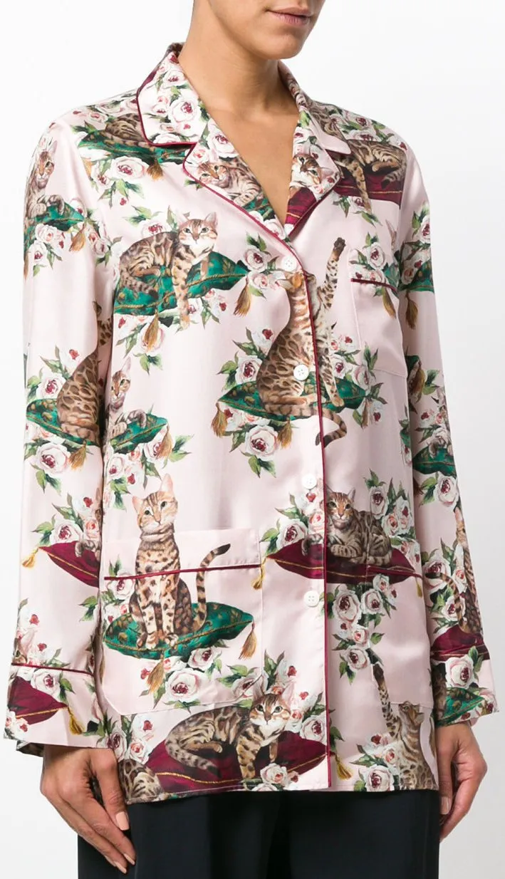 Floral & Cat-Print Pajama Shirt & Pant Set