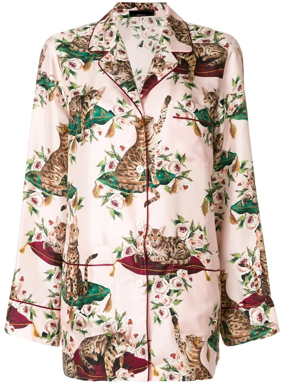 Floral & Cat-Print Pajama Shirt & Pant Set