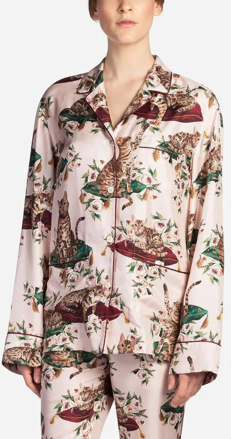 Floral & Cat-Print Pajama Shirt & Pant Set