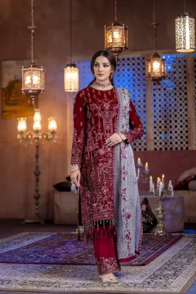 Flossie Unstitched 3 Piece Embroidered Velvet Winter Vol-02 Collection'2021-V-202-Rose Red