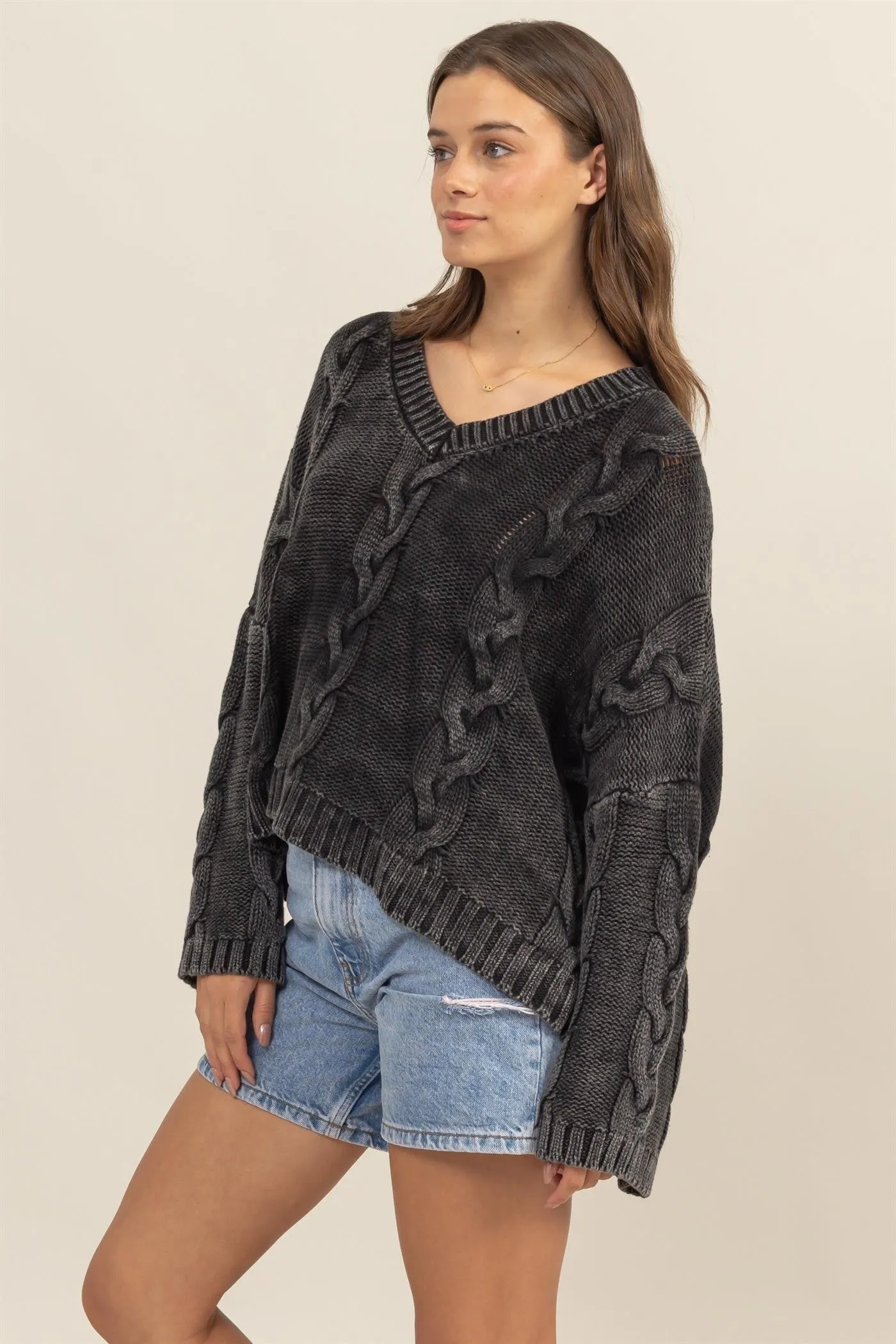 HYFVE Cable Knit V-Neck Dropped  Oversized Sweater