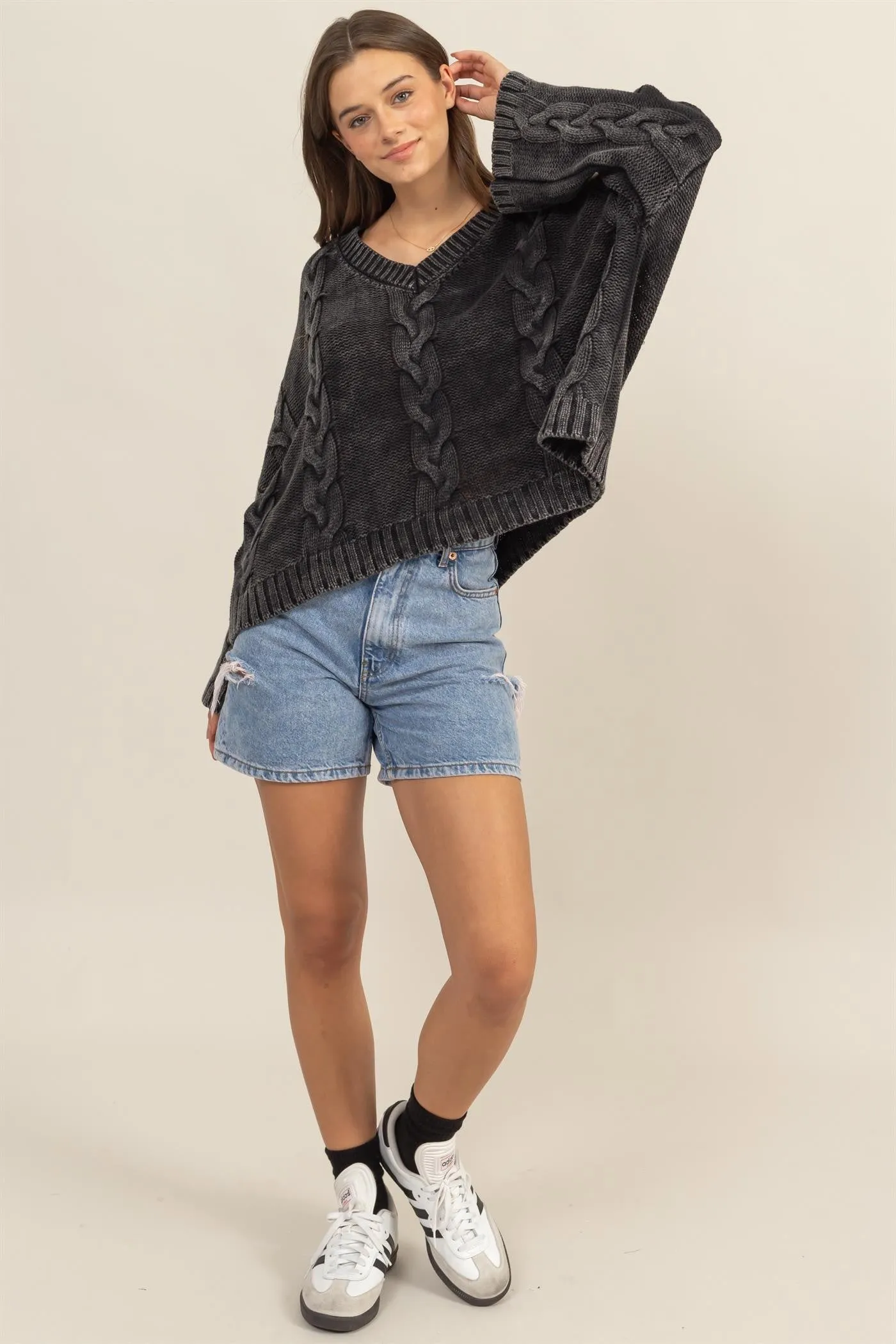 HYFVE Cable Knit V-Neck Dropped  Oversized Sweater