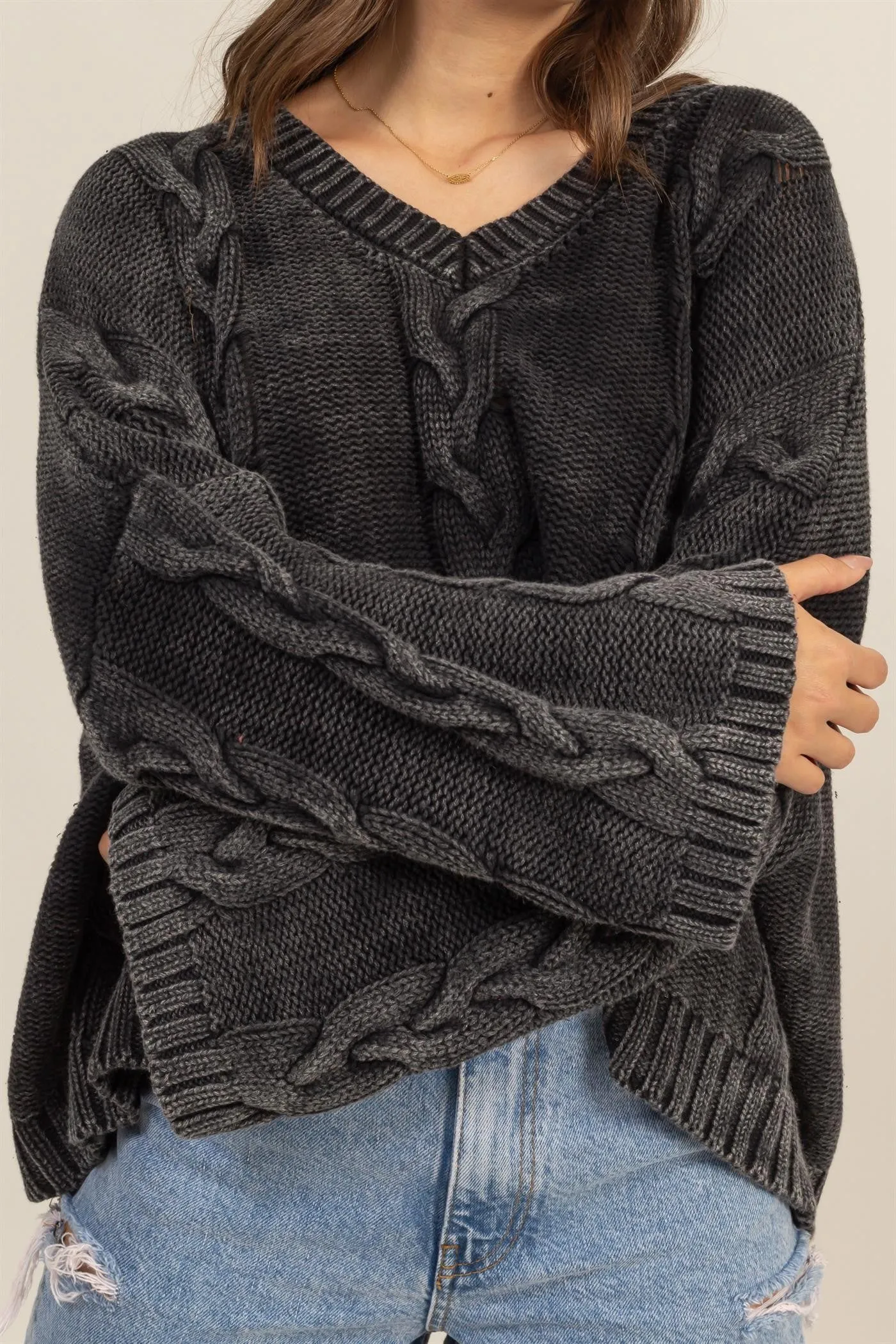 HYFVE Cable Knit V-Neck Dropped  Oversized Sweater