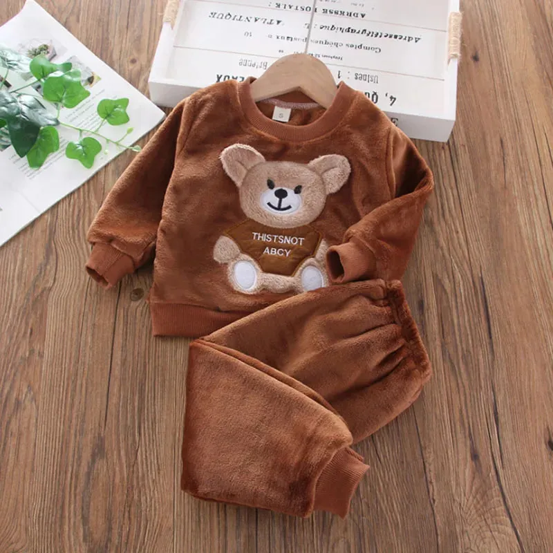 Kids Winter Flannel Fleece Pajama Set - Cartoon Bear