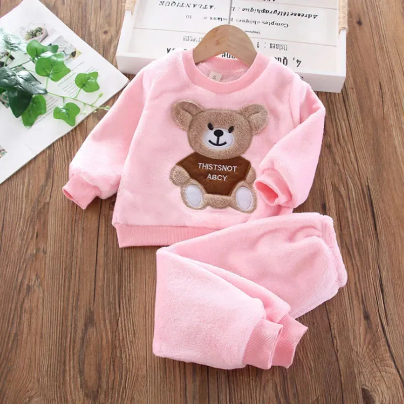 Kids Winter Flannel Fleece Pajama Set - Cartoon Bear