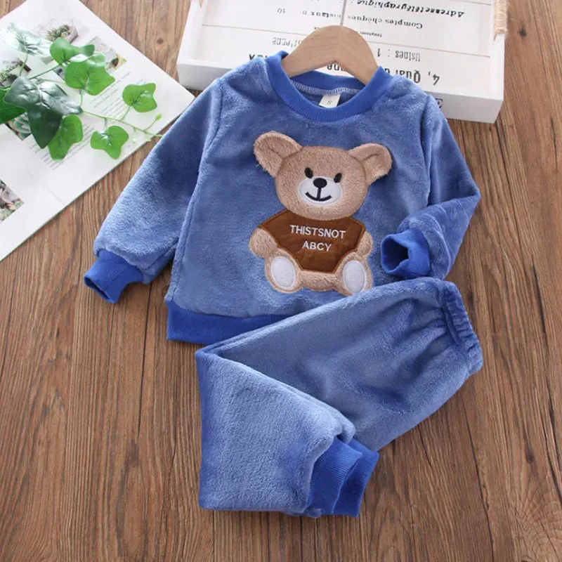 Kids Winter Flannel Fleece Pajama Set - Cartoon Bear