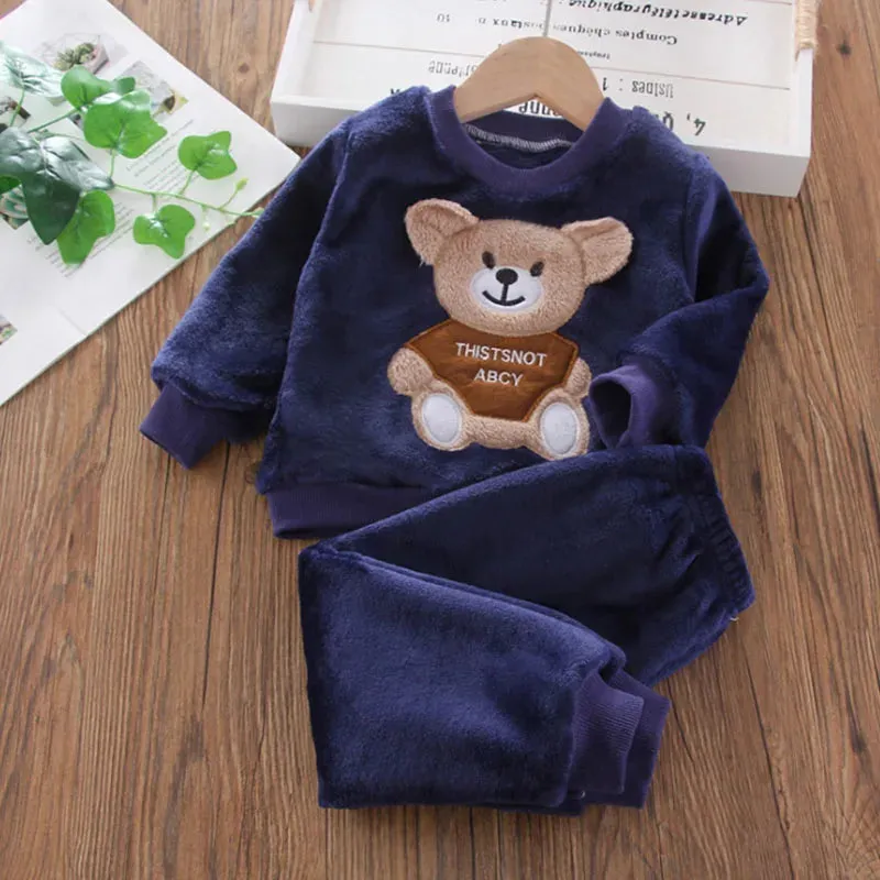 Kids Winter Flannel Fleece Pajama Set - Cartoon Bear