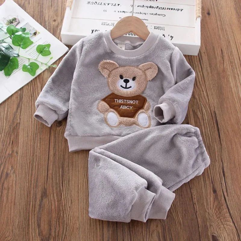 Kids Winter Flannel Fleece Pajama Set - Cartoon Bear