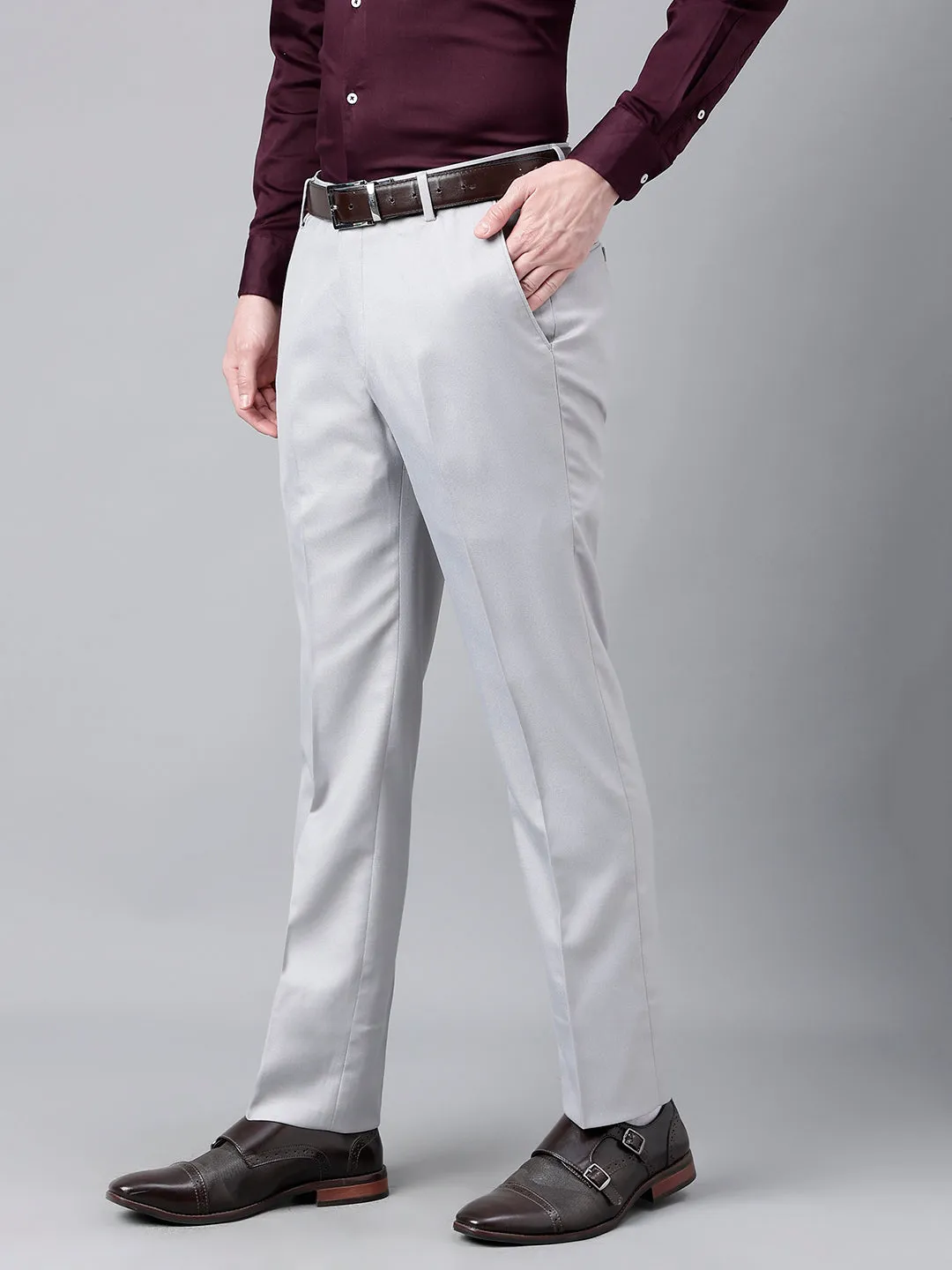 Men Light Grey Standard Fit Mid Rise Solid Formal Trouser