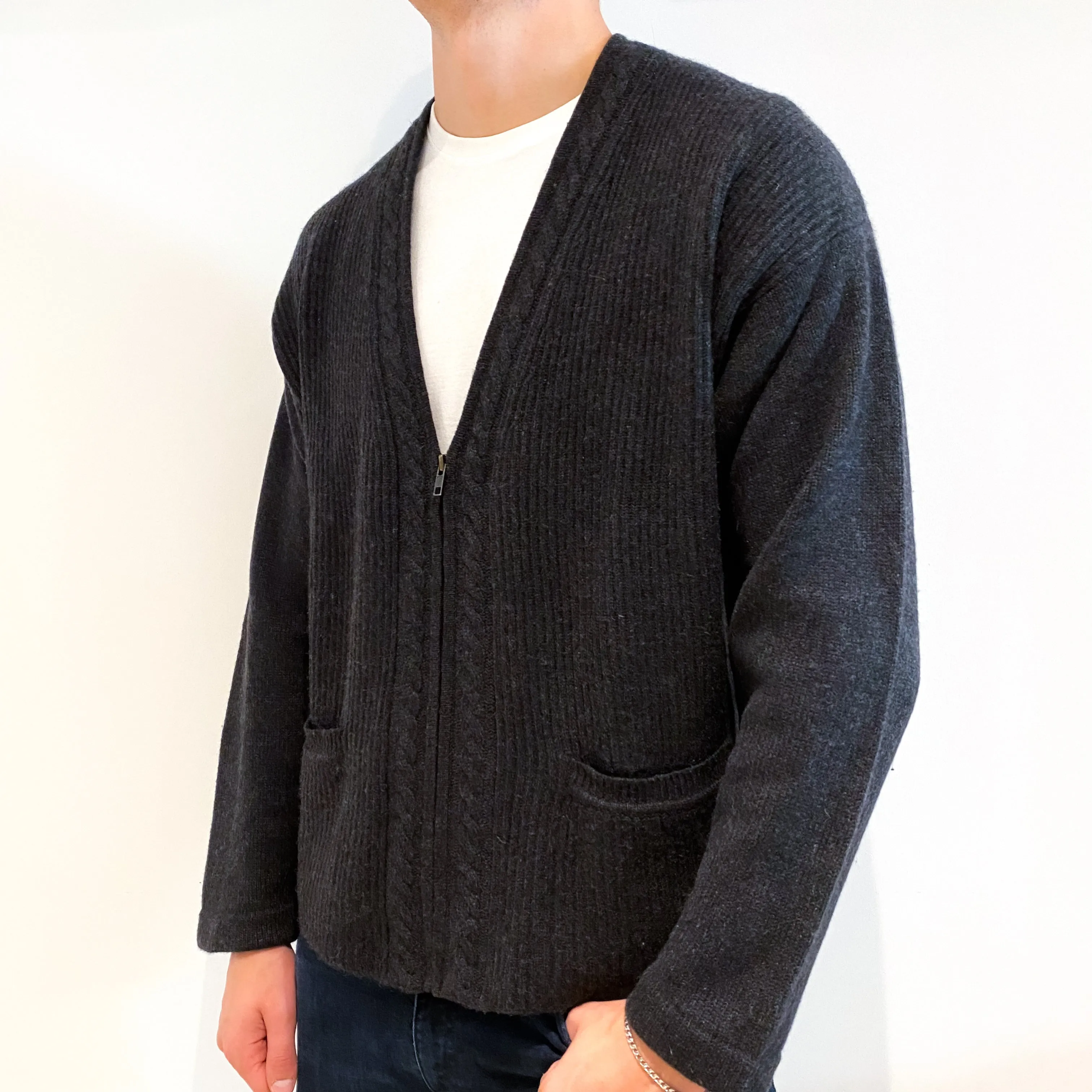 Men's Charcoal Grey Chunky Cashmere V-Neck Cardigan Extra Large