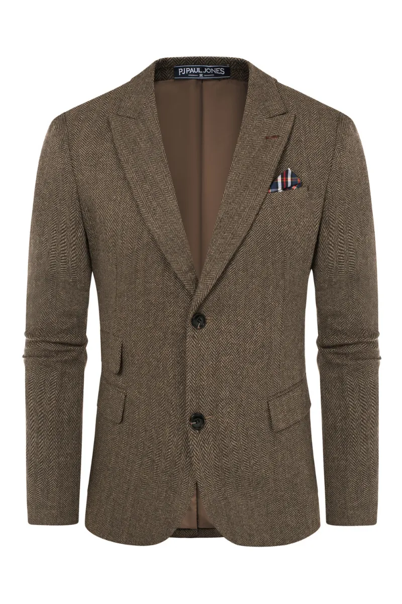 Men's Herringbone Two Button Blazer British Wool Blend Vintage Sport Coats