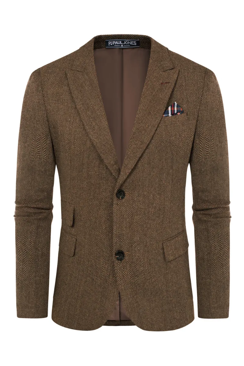 Men's Herringbone Two Button Blazer British Wool Blend Vintage Sport Coats