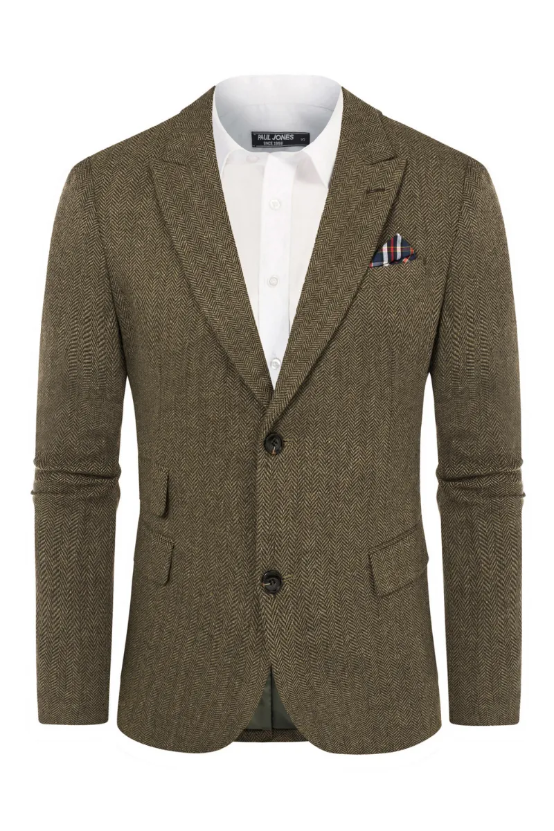 Men's Herringbone Two Button Blazer British Wool Blend Vintage Sport Coats