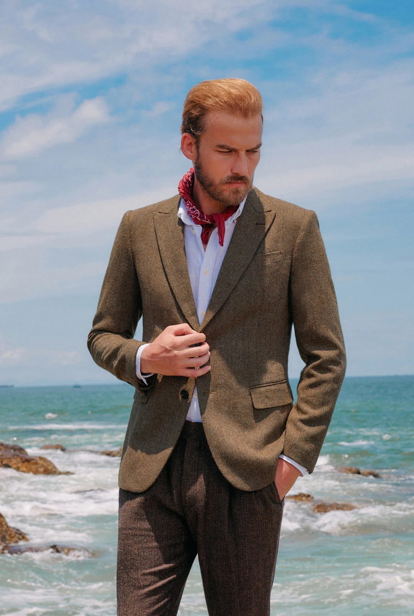 Men's Herringbone Two Button Blazer British Wool Blend Vintage Sport Coats