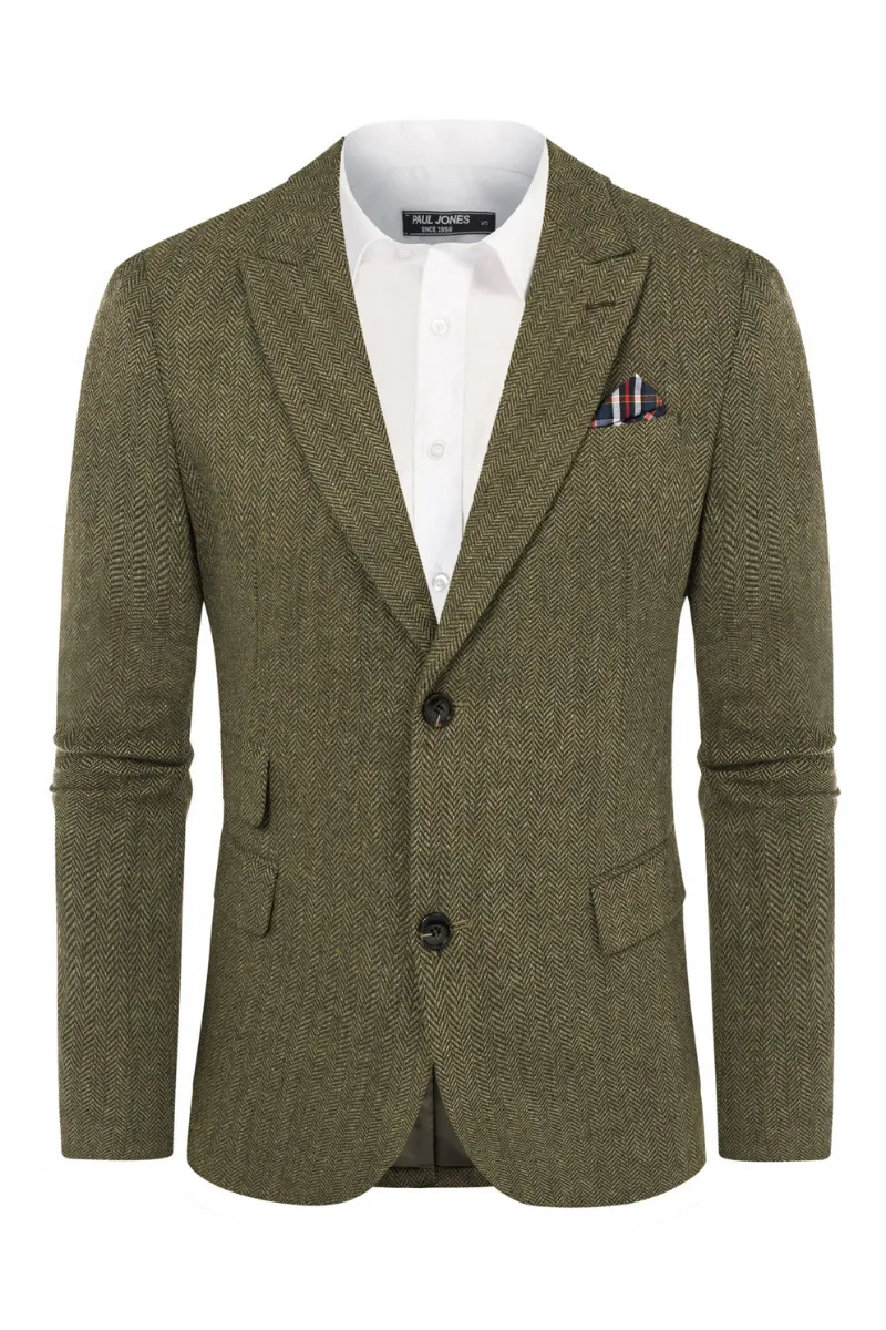Men's Herringbone Two Button Blazer British Wool Blend Vintage Sport Coats