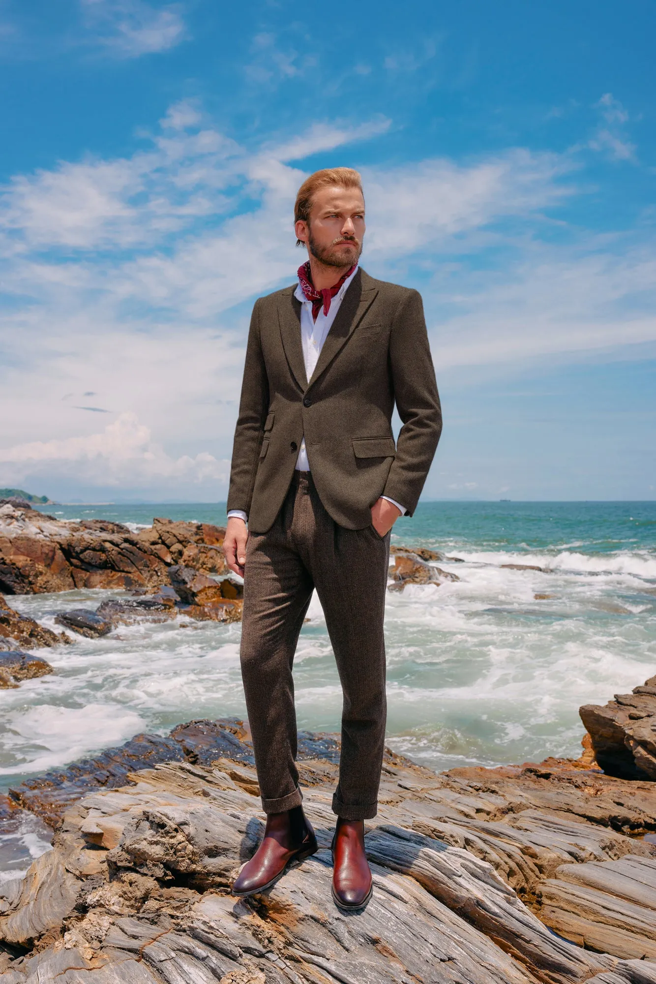 Men's Herringbone Two Button Blazer British Wool Blend Vintage Sport Coats