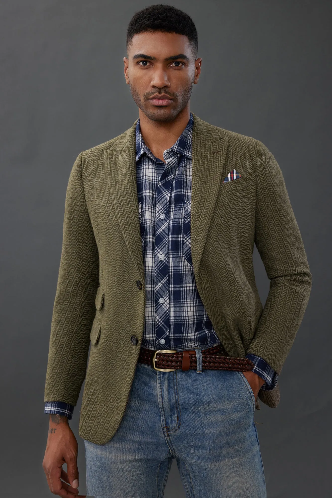 Men's Herringbone Two Button Blazer British Wool Blend Vintage Sport Coats