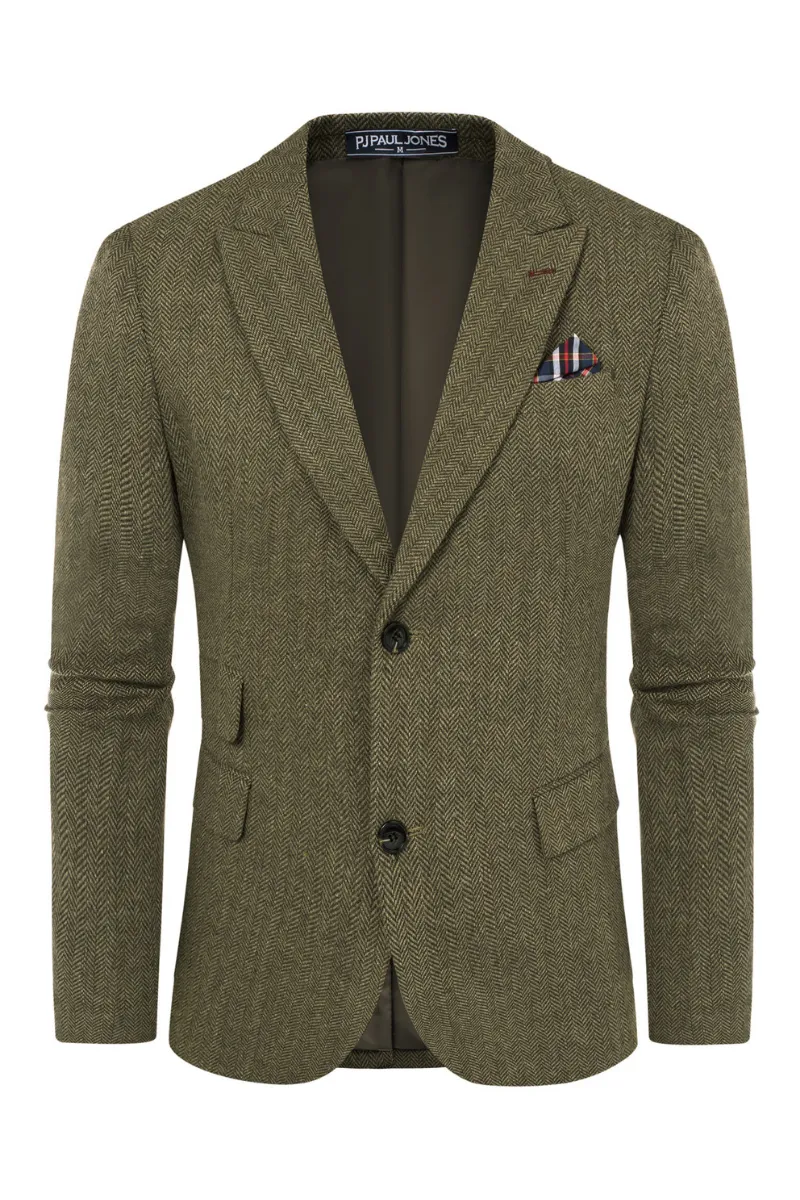 Men's Herringbone Two Button Blazer British Wool Blend Vintage Sport Coats
