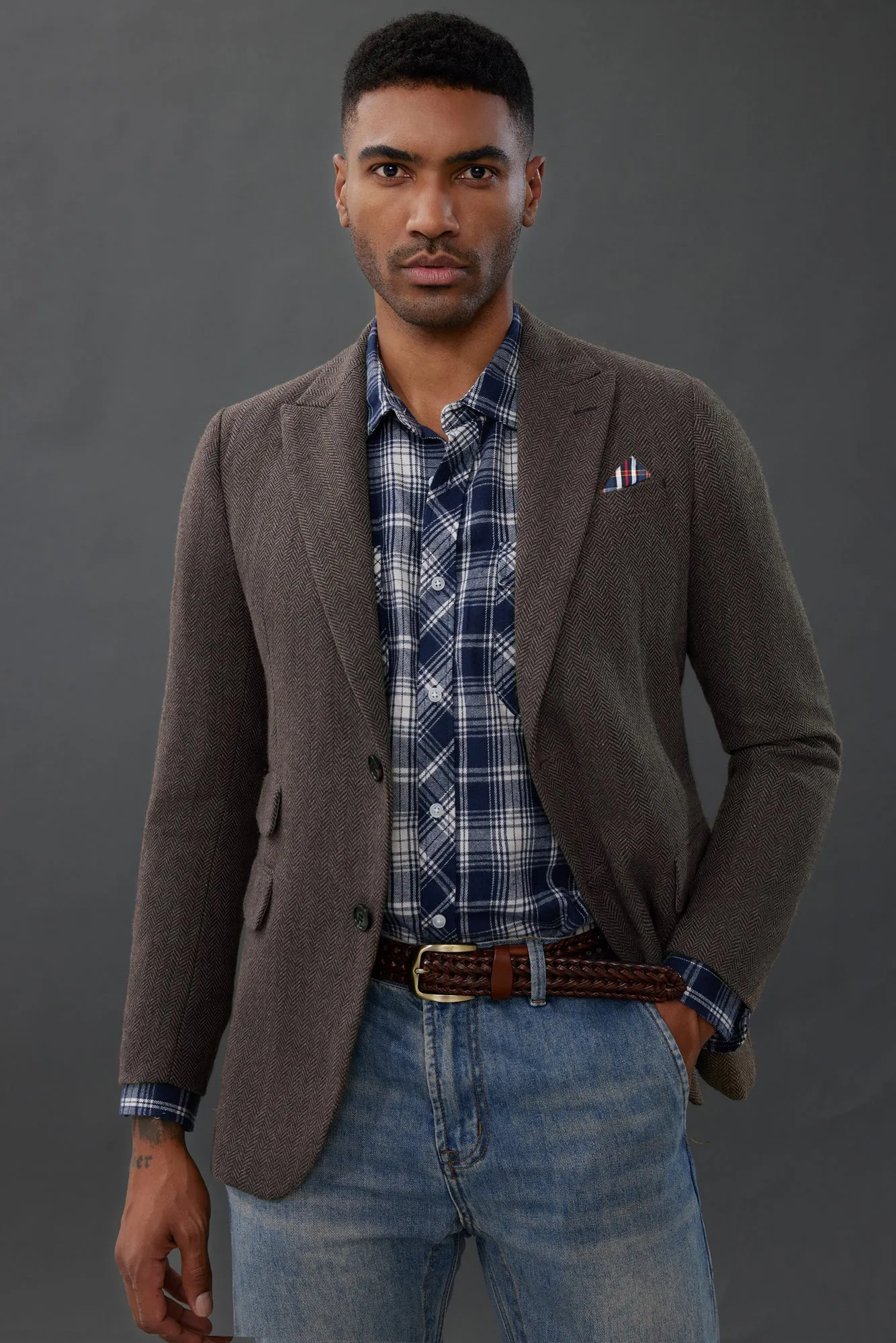 Men's Herringbone Two Button Blazer British Wool Blend Vintage Sport Coats