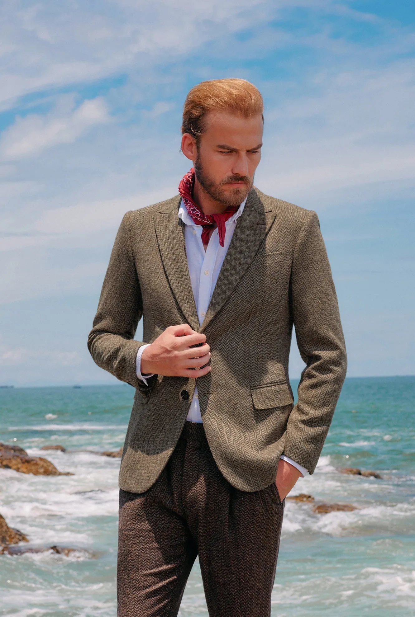 Men's Herringbone Two Button Blazer British Wool Blend Vintage Sport Coats