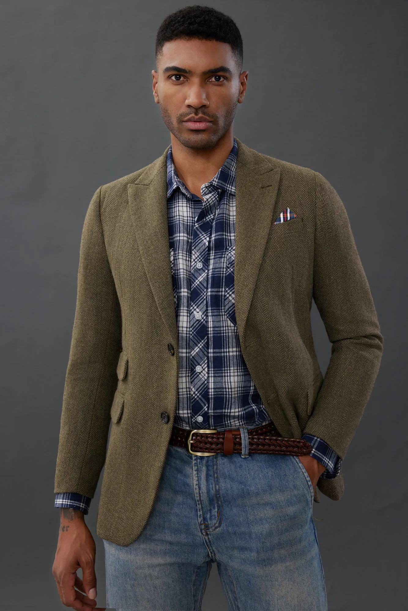 Men's Herringbone Two Button Blazer British Wool Blend Vintage Sport Coats