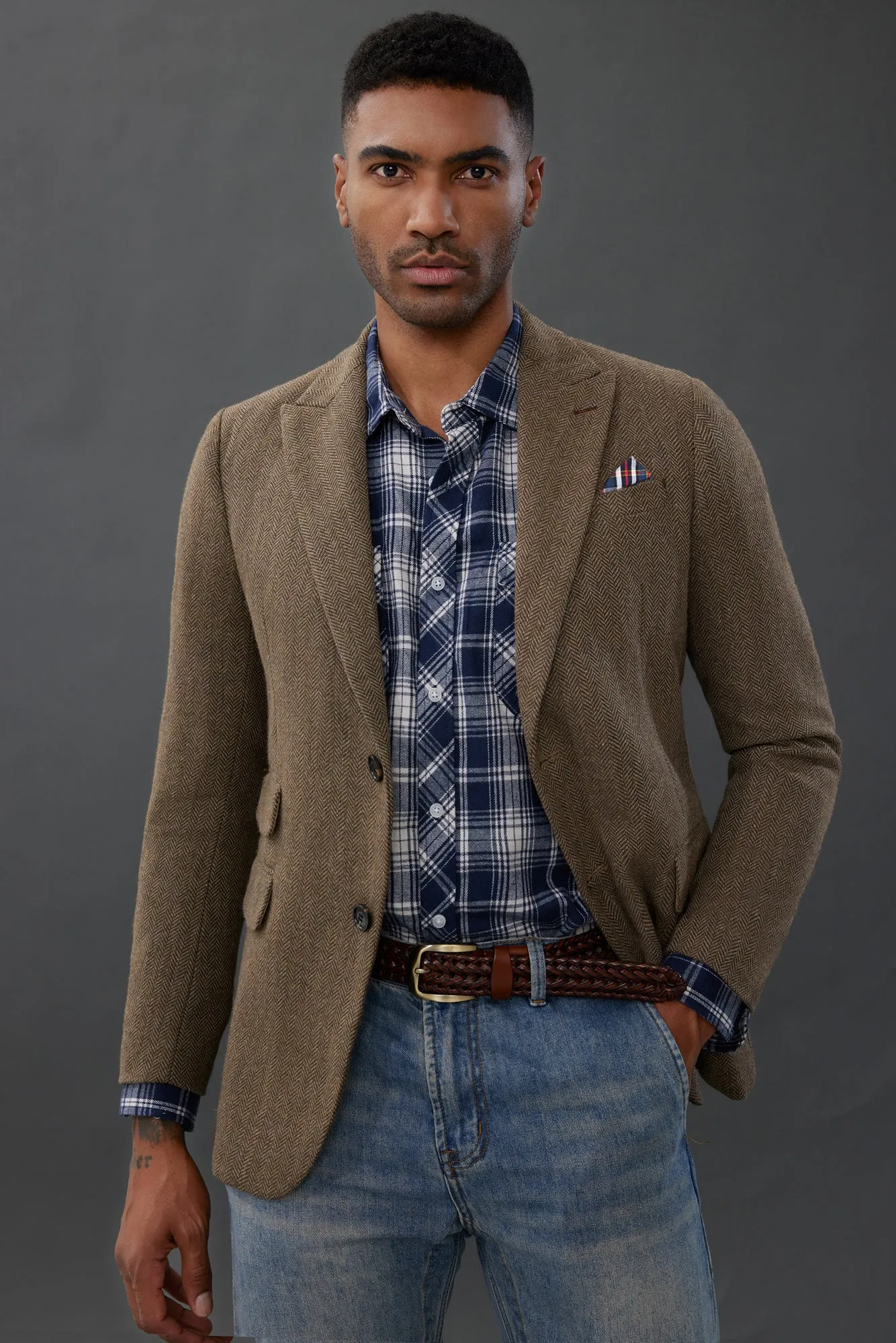 Men's Herringbone Two Button Blazer British Wool Blend Vintage Sport Coats