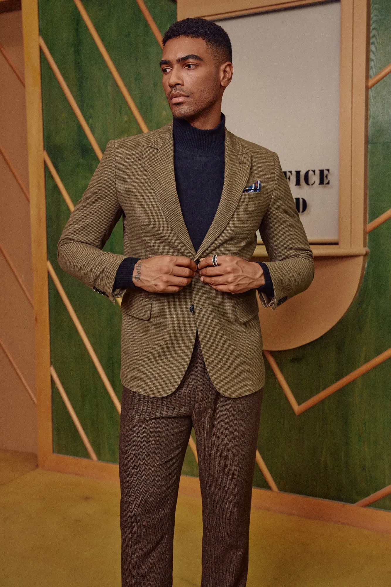 Men's Herringbone Two Button Blazer British Wool Blend Vintage Sport Coats