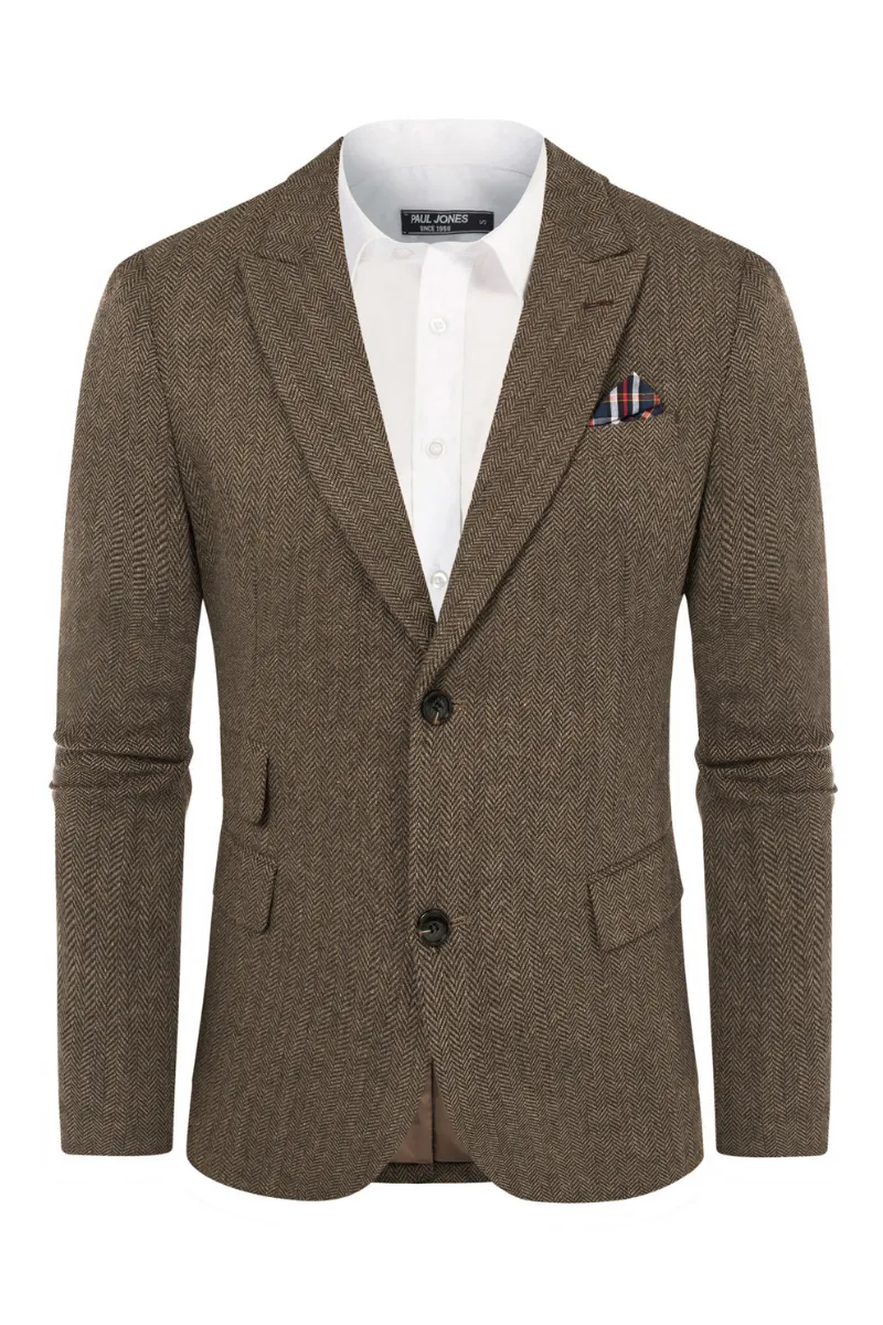 Men's Herringbone Two Button Blazer British Wool Blend Vintage Sport Coats
