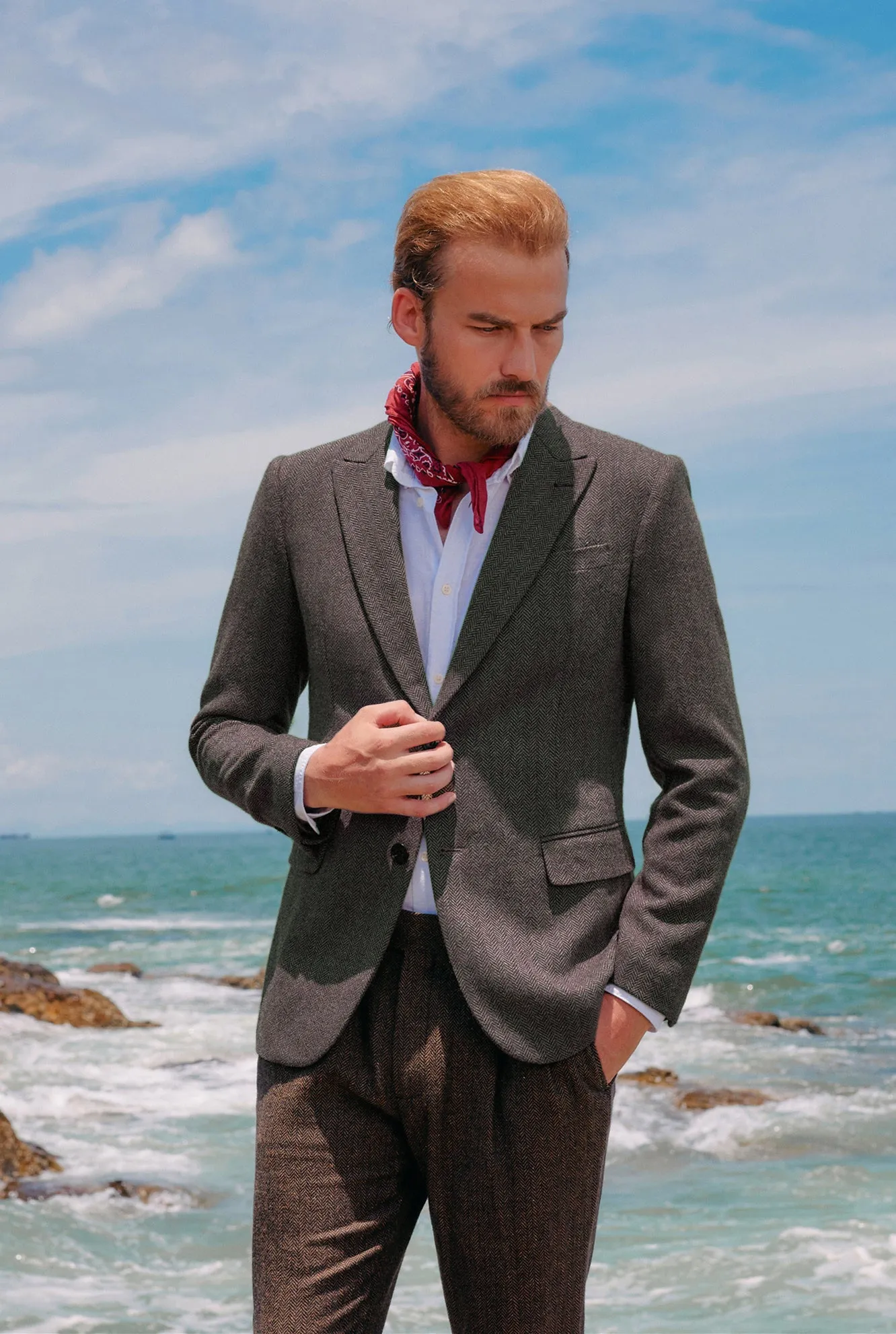 Men's Herringbone Two Button Blazer British Wool Blend Vintage Sport Coats