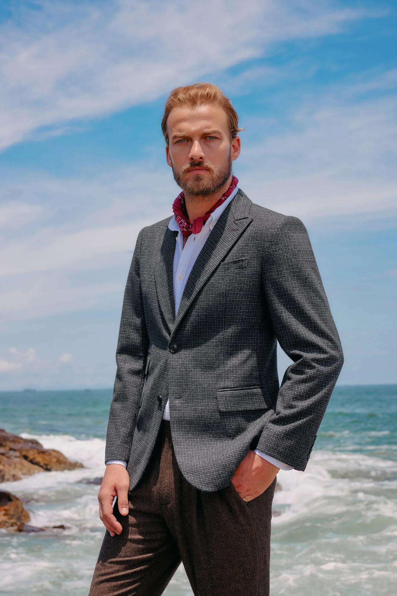 Men's Herringbone Two Button Blazer British Wool Blend Vintage Sport Coats