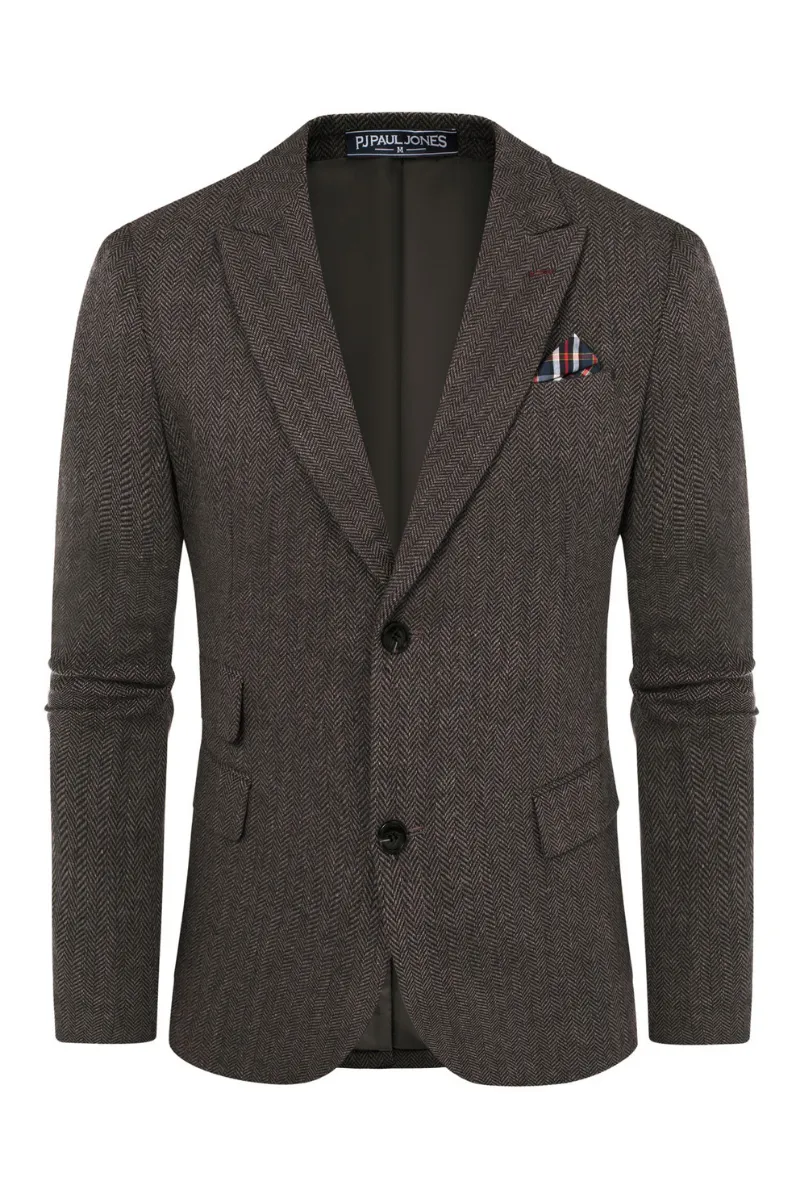 Men's Herringbone Two Button Blazer British Wool Blend Vintage Sport Coats