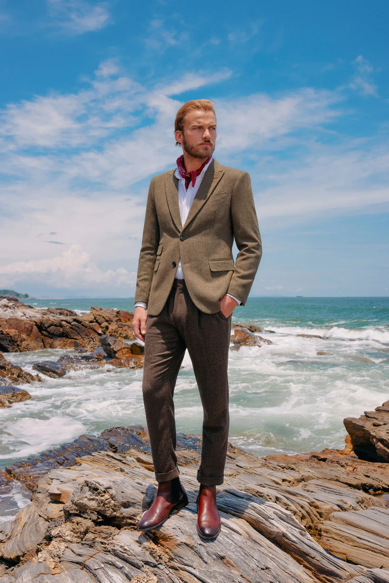 Men's Herringbone Two Button Blazer British Wool Blend Vintage Sport Coats