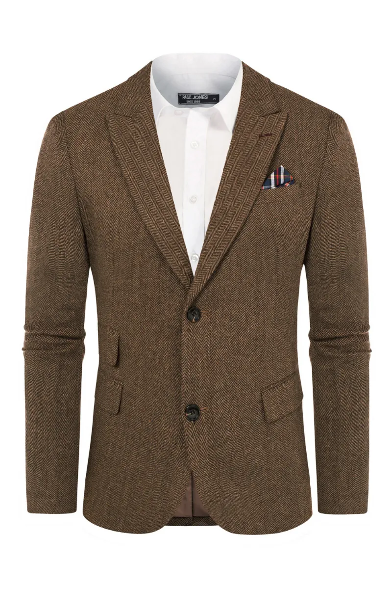 Men's Herringbone Two Button Blazer British Wool Blend Vintage Sport Coats