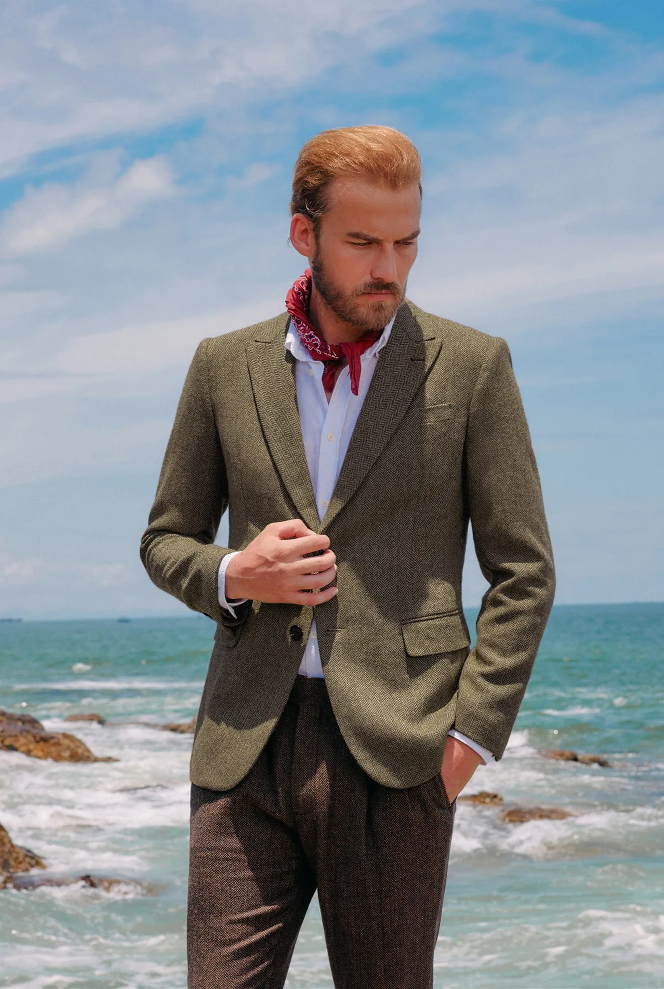 Men's Herringbone Two Button Blazer British Wool Blend Vintage Sport Coats