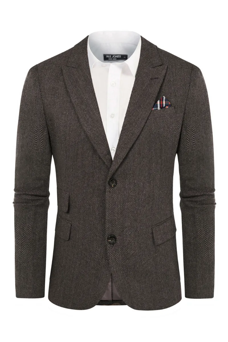 Men's Herringbone Two Button Blazer British Wool Blend Vintage Sport Coats