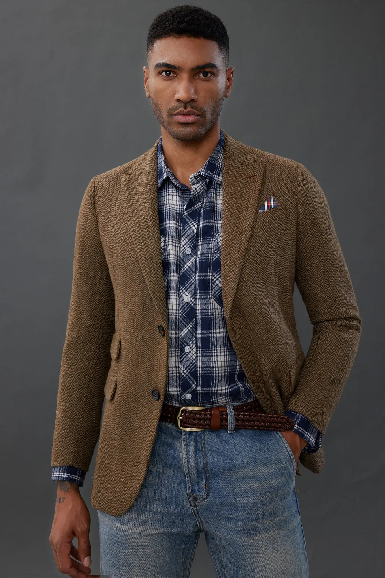 Men's Herringbone Two Button Blazer British Wool Blend Vintage Sport Coats