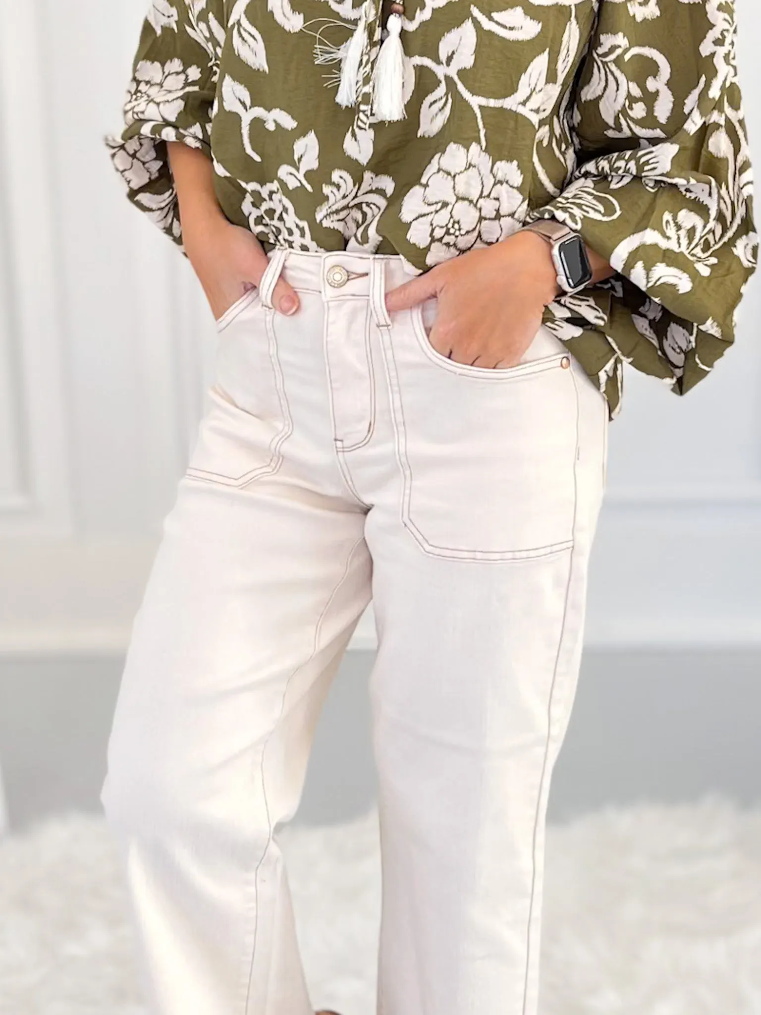 Milky Way - Judy Blue Ecru Wide Leg Cropped Jeans