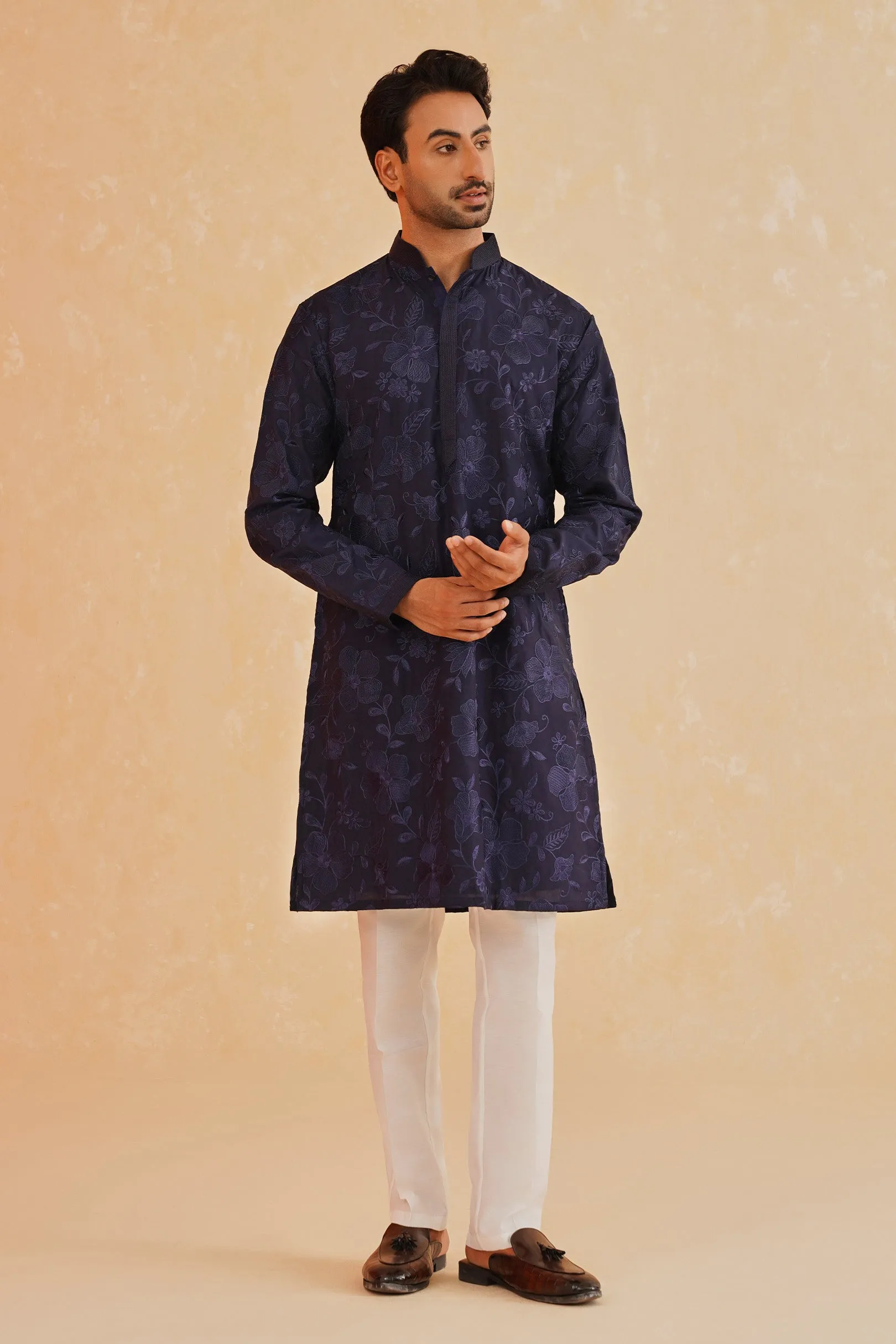 Navy Blue Fully Embroidered Kurta Set