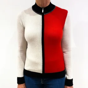 Oatmeal, Scarlet Red and Black Cashmere Zip Up Cardigan Medium