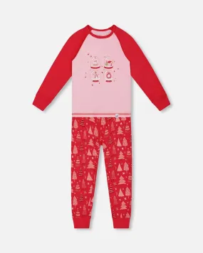 Organic Cotton Two Piece Pajama Set Red Printed Christmas Tree