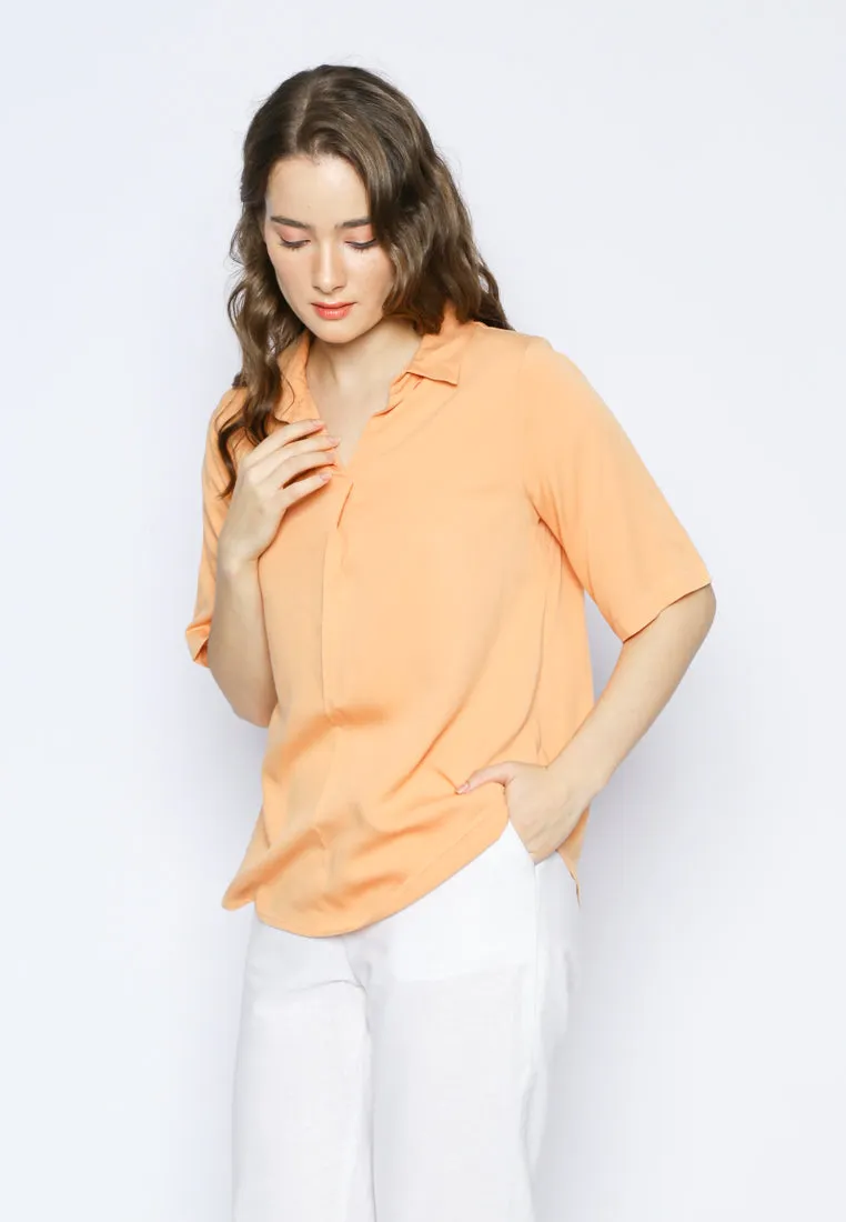 Pale Orange V-Neck Short Sleeves Blouse
