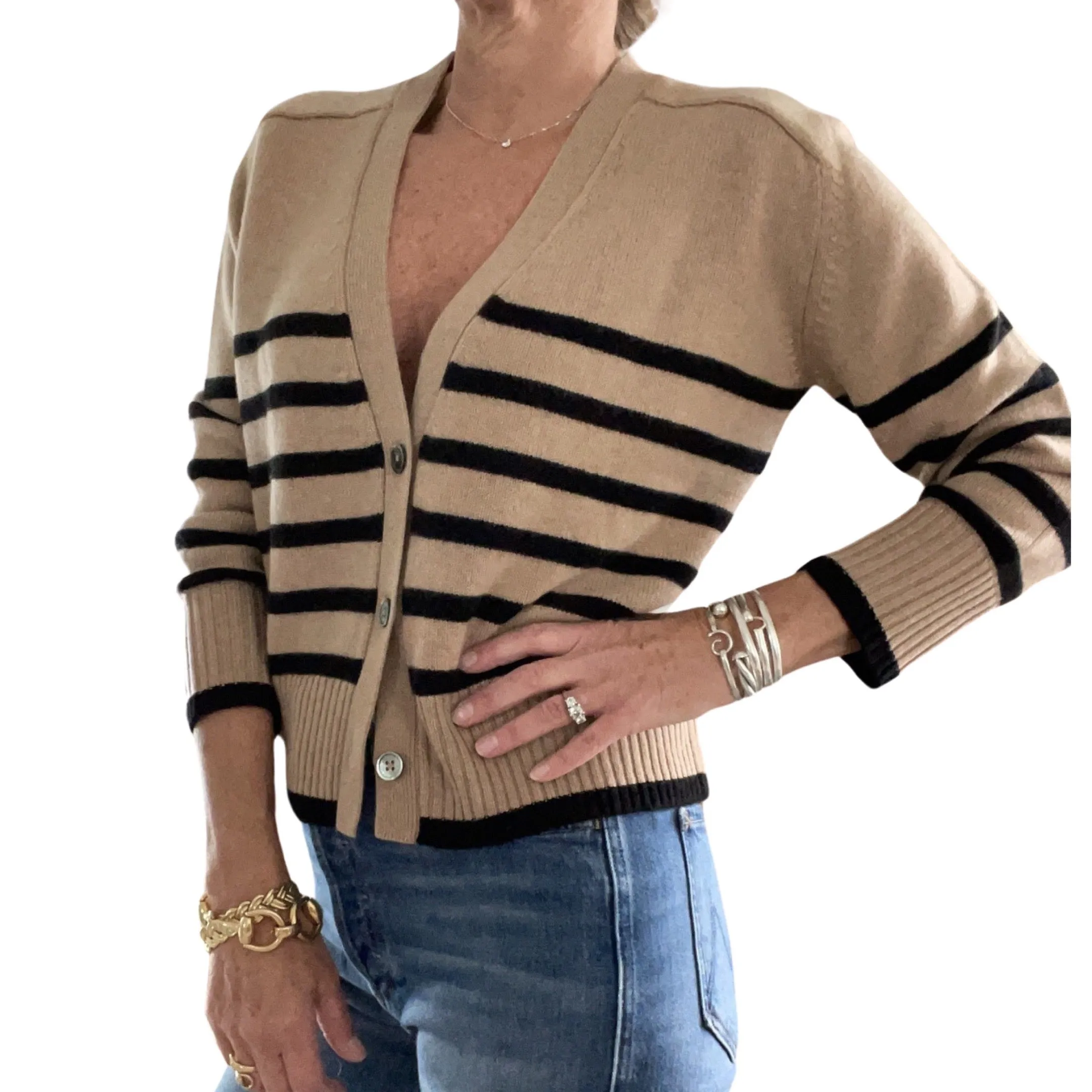 Raffa Striped Cashmere Cardigan Camel/Black