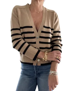 Raffa Striped Cashmere Cardigan Camel/Black