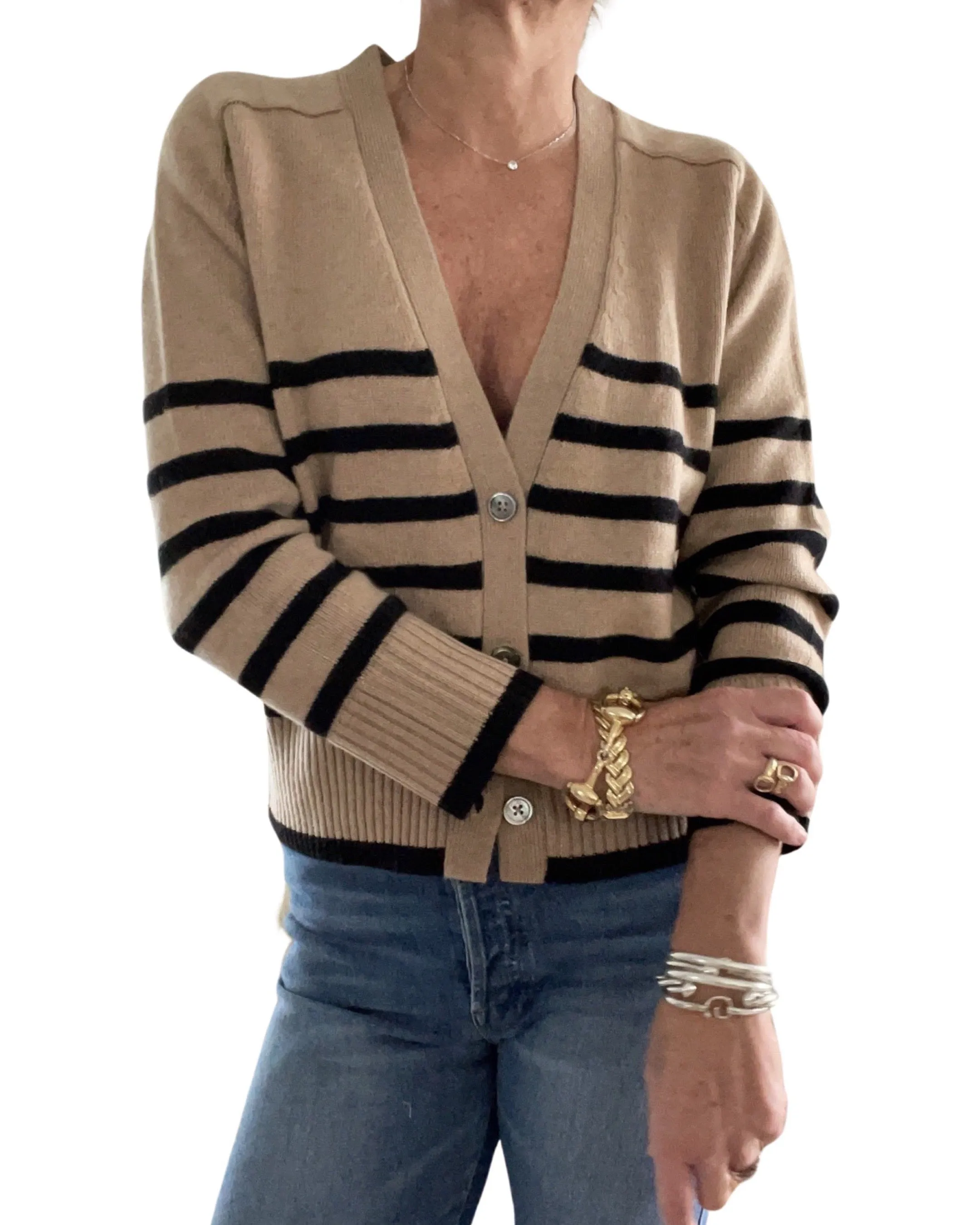 Raffa Striped Cashmere Cardigan Camel/Black