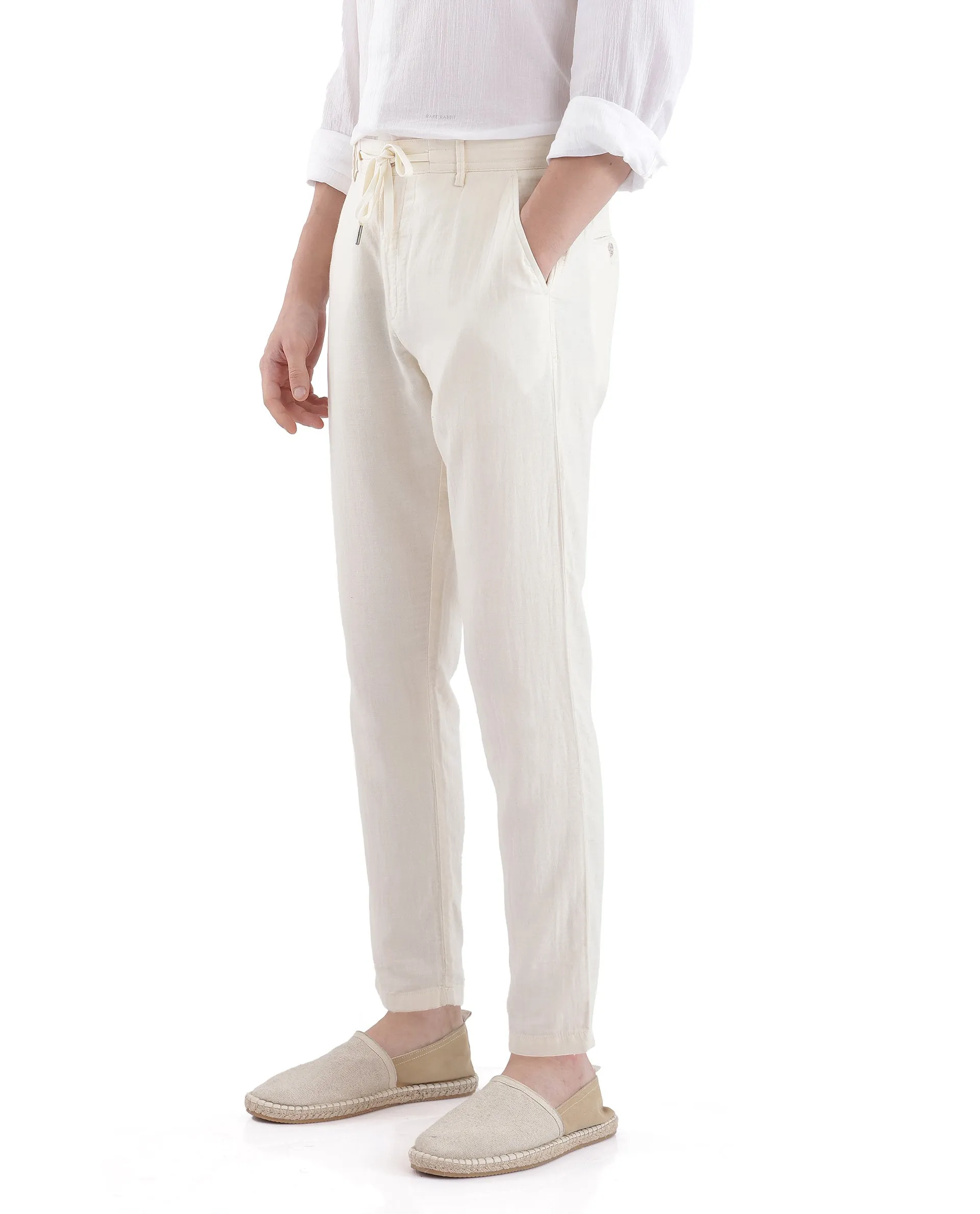 Rare Rabbit Men Pastor-3 Off White Drawstring Closure Plain Trouser