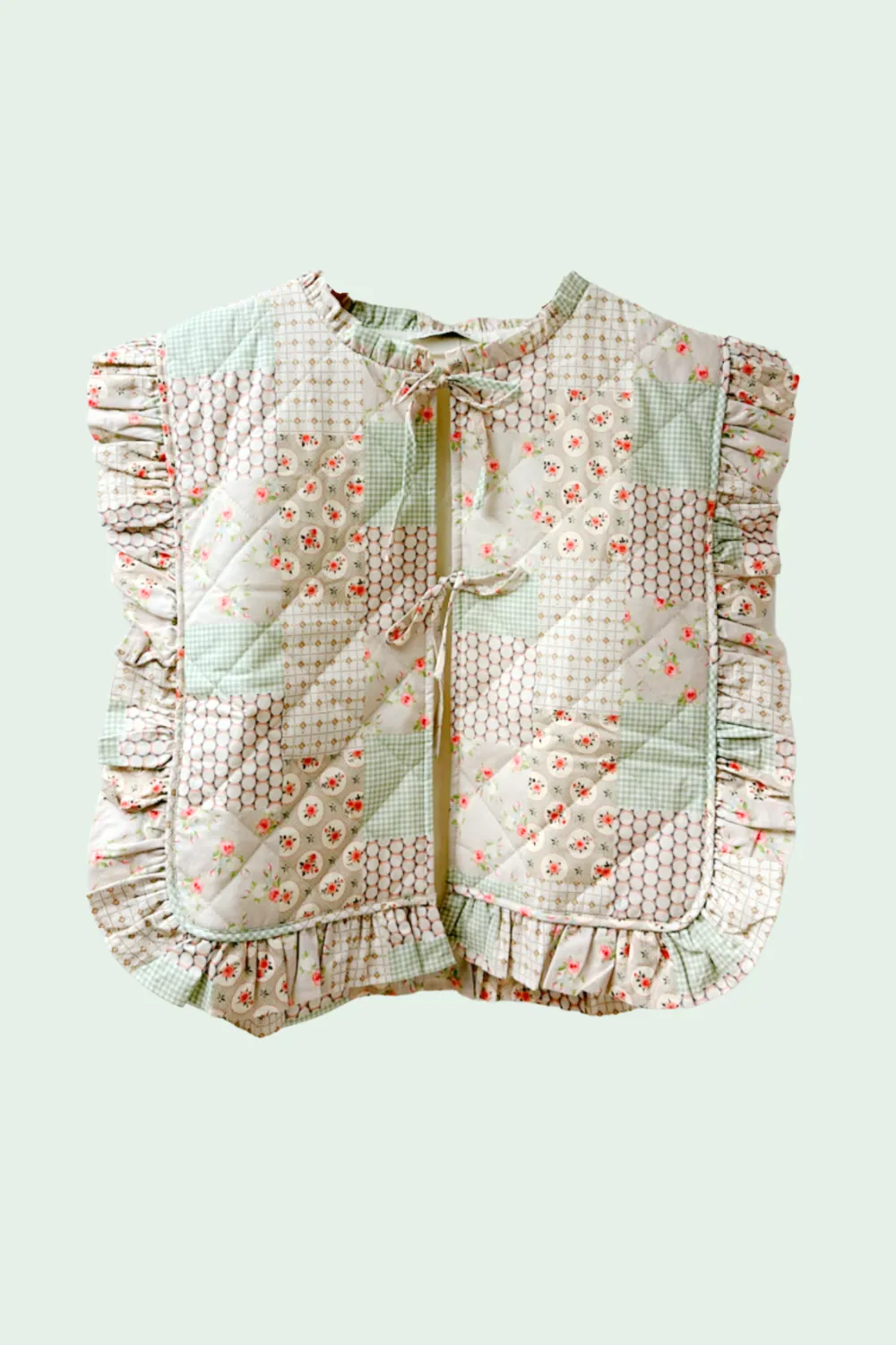 Ruffle Trim Patchwork Quilted Vest- Taupe/Mint