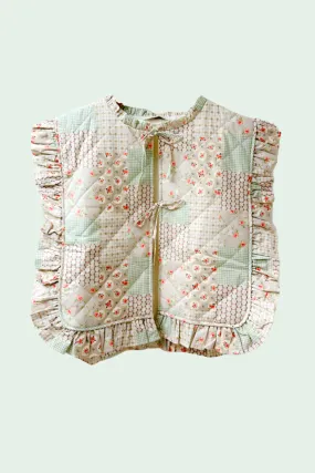 Ruffle Trim Patchwork Quilted Vest- Taupe/Mint