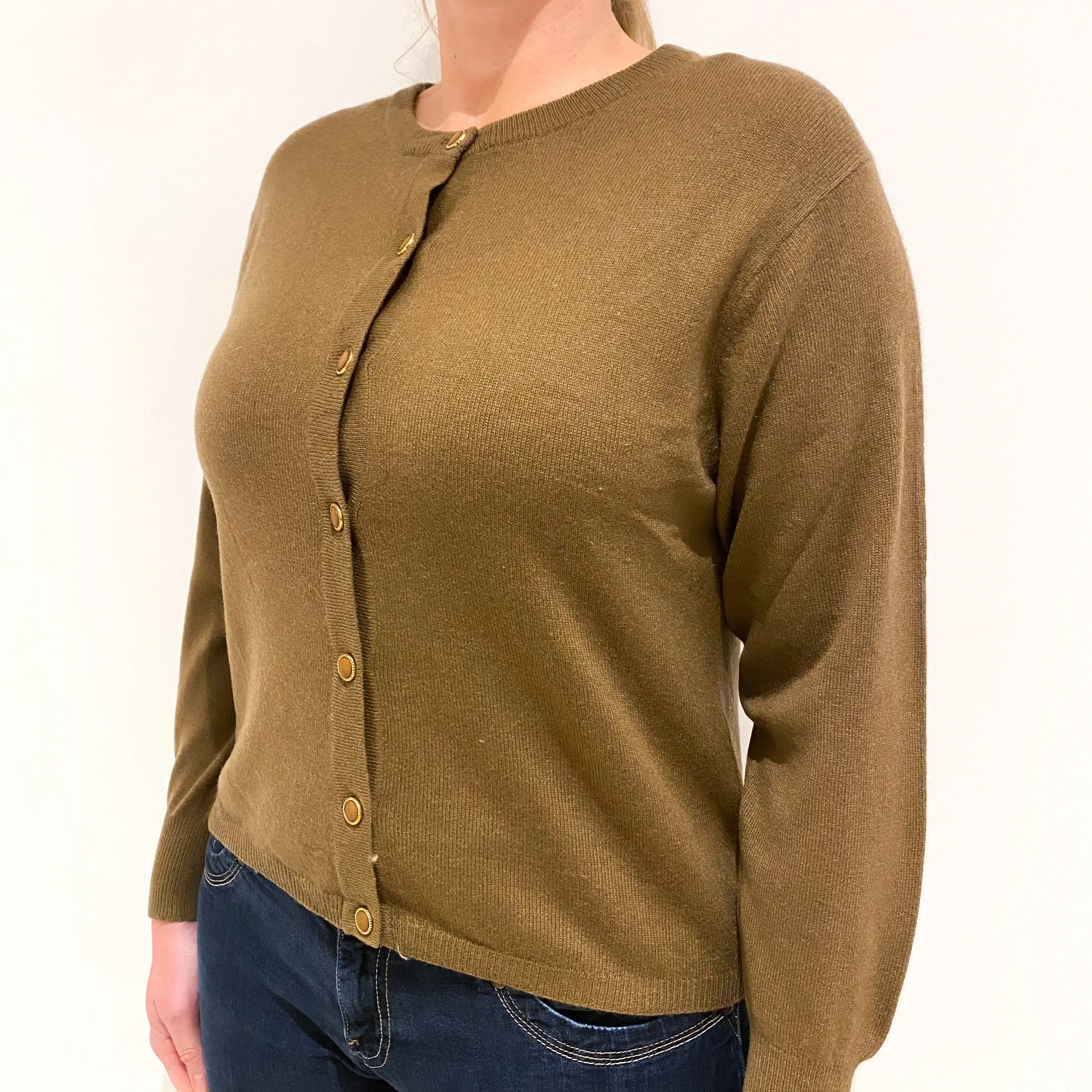 Toffee Brown Light Weight Cashmere Crew Neck Cardigan Large