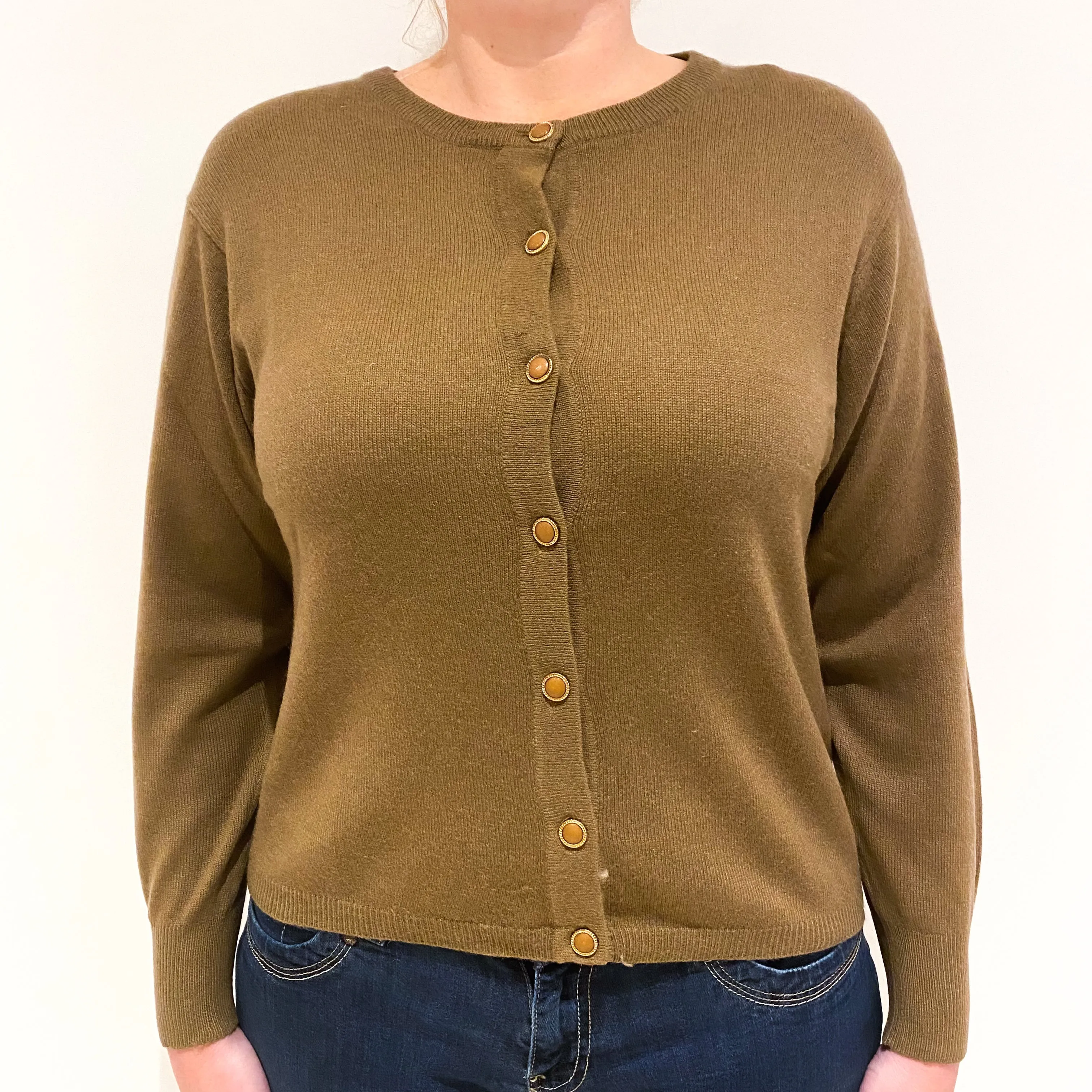 Toffee Brown Light Weight Cashmere Crew Neck Cardigan Large